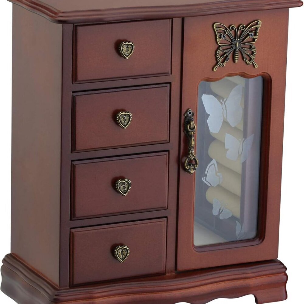 Solid Wooden Jewelry Box Makeup and Organizer Women Ring Storage with 4-Drawers
